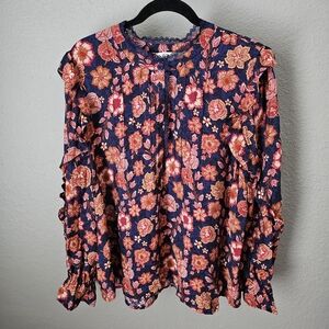 Pioneer Woman Floral Ruffle Lace Blouse ¼ Buttons Size 1X